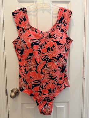 Lands End 18W One Piece Swimsuit Pink Navy Palm Wood Lily Cap Sleeve Shelf Bra